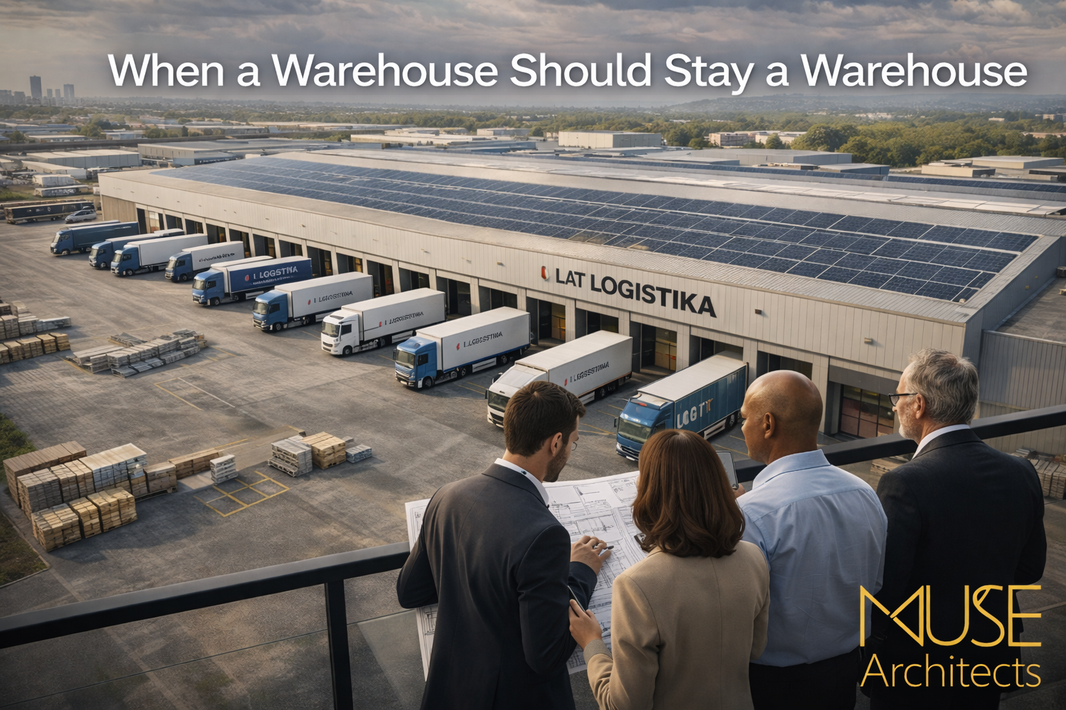 Operational warehouse in the UK with active loading yard and vehicles showing functional industrial use