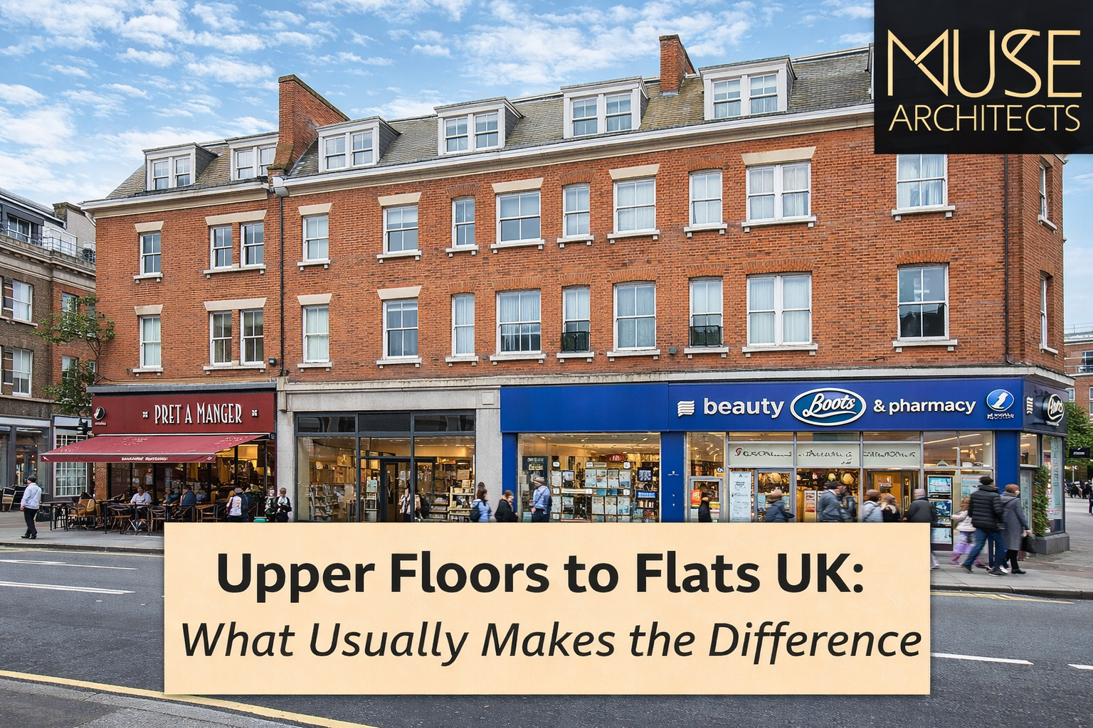 UK high street building with retail at ground level and flats above showing mixed-use potential