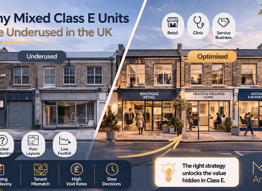Mixed Class E units on a UK high street showing retail, clinic, and service-based businesses