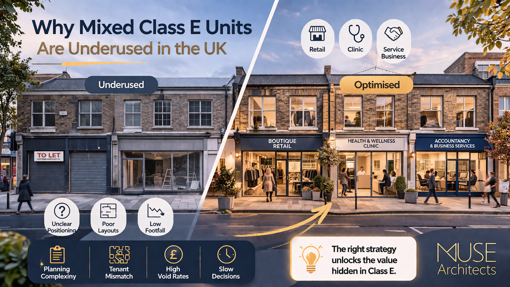 Mixed Class E units on a UK high street showing retail, clinic, and service-based businesses