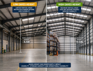 Warehouse interior showing difference between low and high eaves height affecting usability