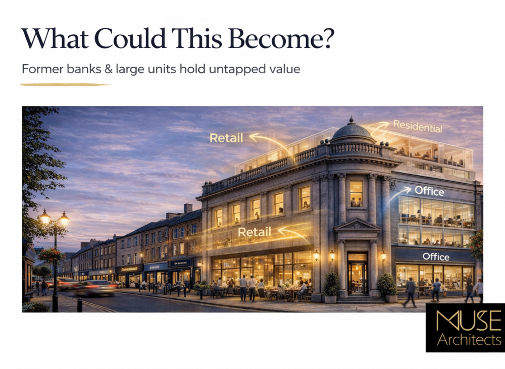 Former bank building in UK town centre with prominent frontage and redevelopment potential