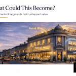 Former bank building in UK town centre with prominent frontage and redevelopment potential
