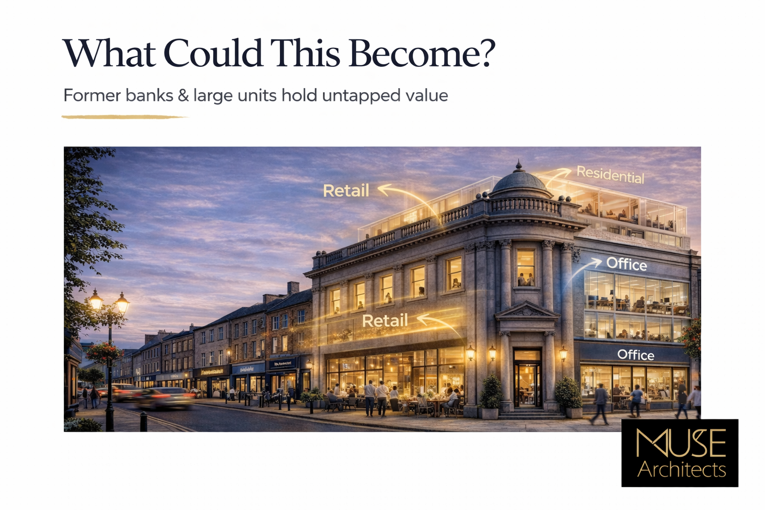 Former bank building in UK town centre with prominent frontage and redevelopment potential