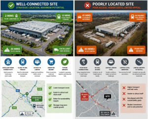 Warehouse location comparison showing well-connected site versus poorly located industrial property
