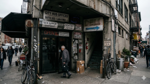 Confusing shared entrance limiting access to upper floors