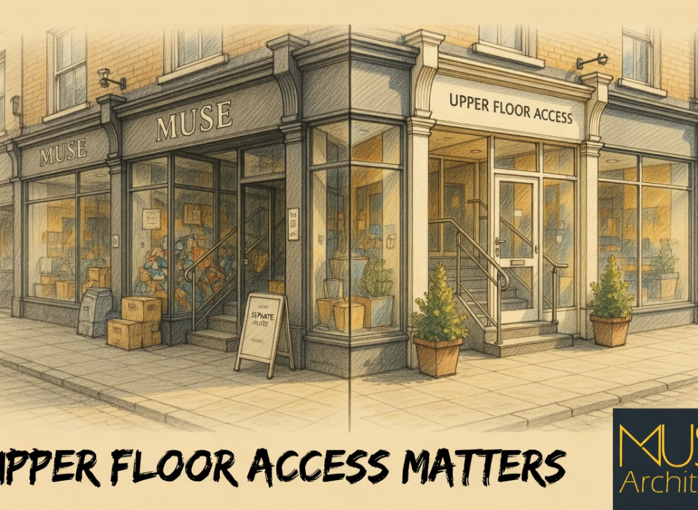 Before and after comparison of poor and improved upper floor access with Muse Architects branding