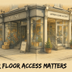 Before and after comparison of poor and improved upper floor access with Muse Architects branding
