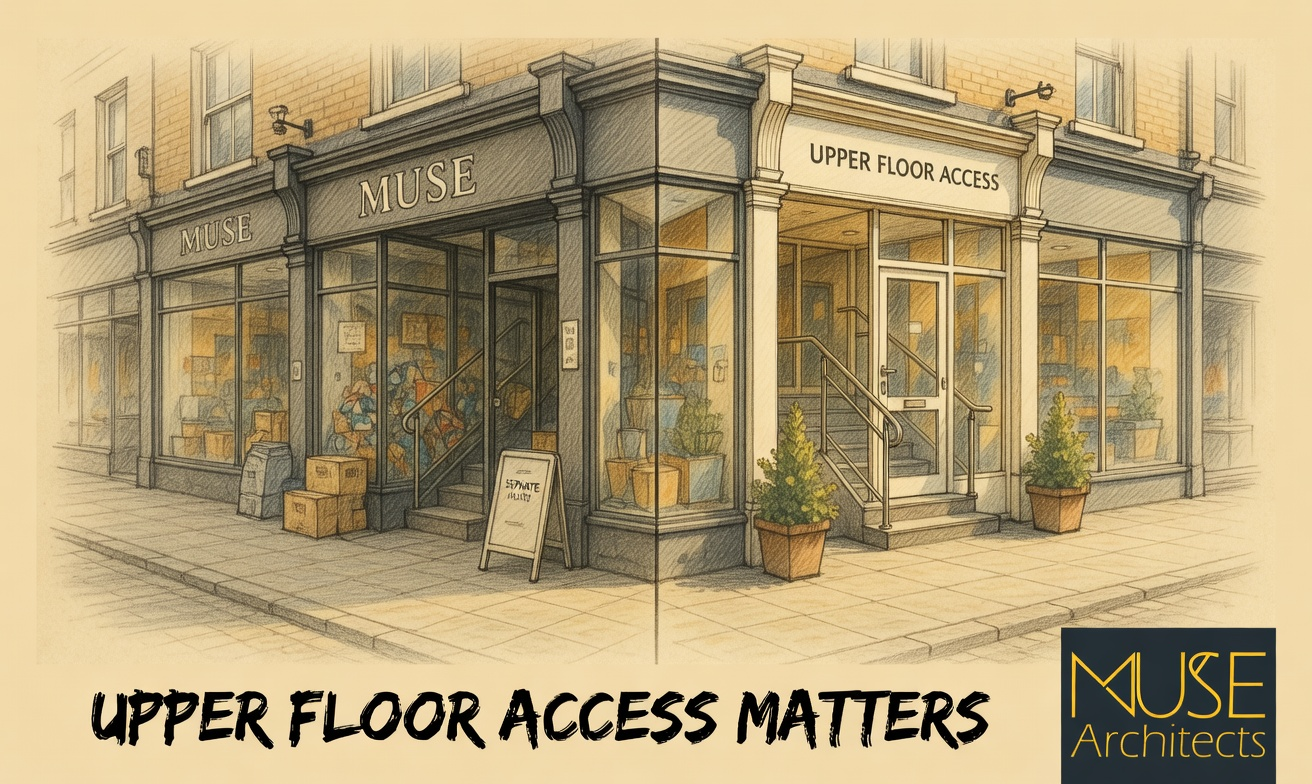 Before and after comparison of poor and improved upper floor access with Muse Architects branding